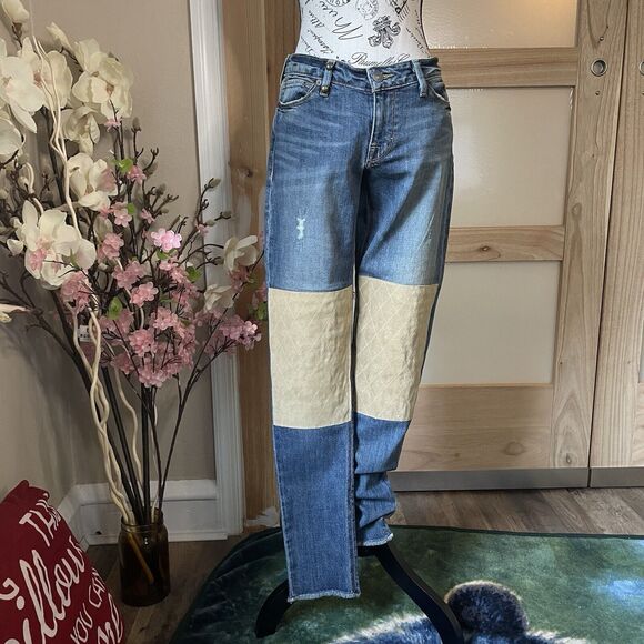 Artisan De Luxe Suede Patchwork  Women Jeans sz 27 Dark Blue Medium Wash Fringe - Picture 1 of 13